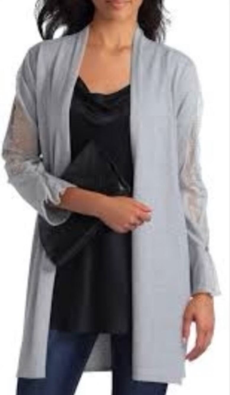 H Halston Long Lace Paneled Cardigan in Gray, Size S